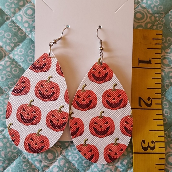 Faux Leather Halloween Jack O Lantern Earrings - Picture 2 of 3